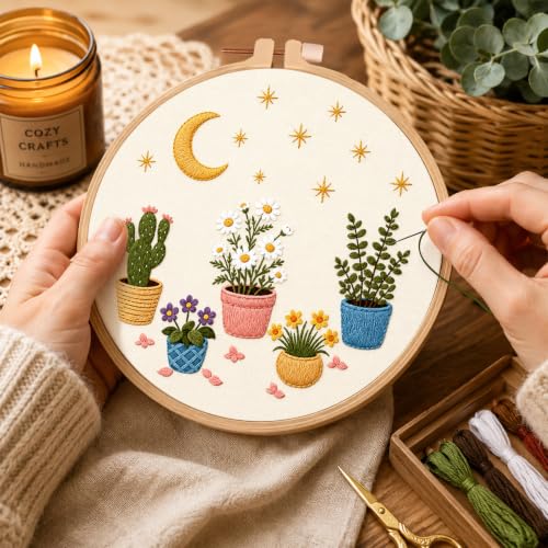 Nuberlic Potted Plant Embroidery Kit for Beginners - color: Botanical