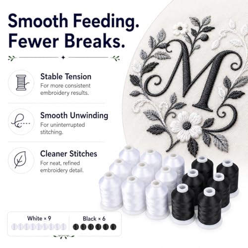 Simthread 15-Color Polyester Machine Embroidery Thread Set, 9W 6B - color: 15BW colors
