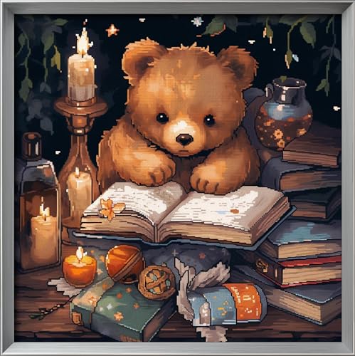 Leczany Cross Stitch Stamped Kits Patterns Craft Kit Needlepoint Full Range of Embroidery Starter Kits Beginners for DIY 11CT 3 Strands | Little Bear Reading Books 16.5×16.5 inches - color: 11CT Stamped kits,Little Bear Reading Books 16.5×16.5 inches