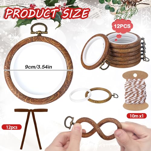 12 Sets 3 Inch Christmas Embroidery Hoop, Imitated Wood with Bow, Thin Bow - size: 3.9 Inch, style: Thin Bow