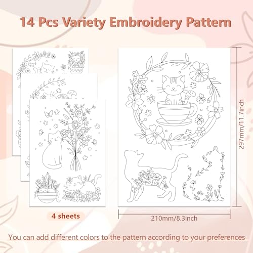 Peacoblue Cat, Flower Stick and Stitch Embroidery Patterns, Water Soluble - color: Cute Cat with Flower