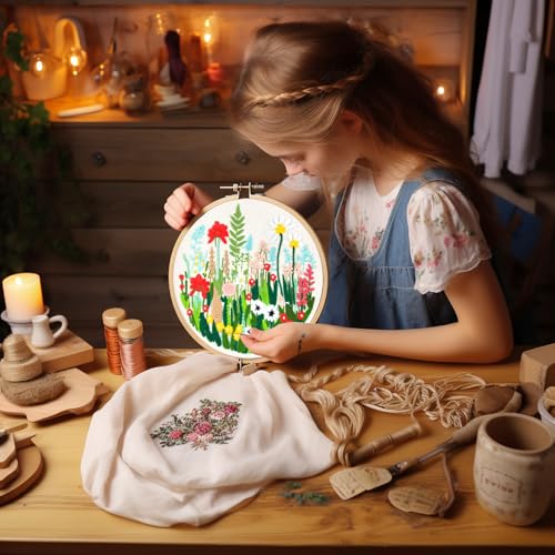Bonroy Embroidery Kit for Beginners with Instructions,Cross Stitch Kits for Adults with Pattern,Needlepoint Kits for Adult Include Embroidery Cloth Hoops Needles Threads (flowers5) - color: flowers5