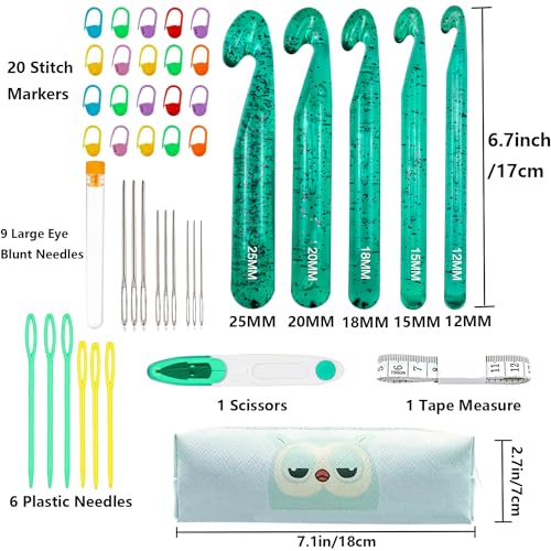 43 Pcs Large Crochet Hooks Set,12mm 15mm 18mm 20mm 25mm Large Crochet Hooks for Chunky Yarn,Plastic Crystal Smooth Big Crochet Needles for Handmade DIY Crochet with Storage Bag - color: Green