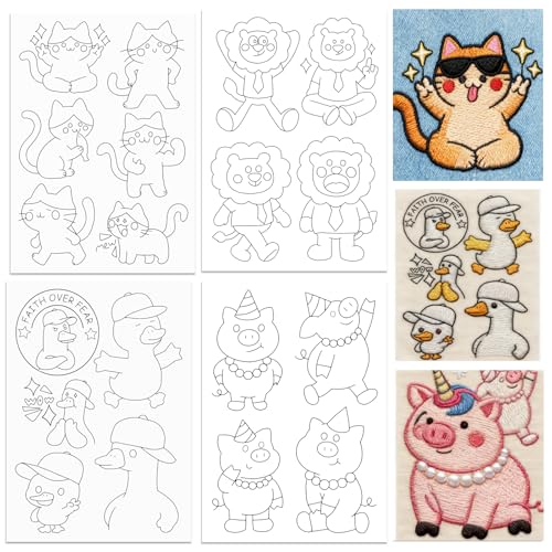 ORIGACH 4 Sheets Water Soluble Embroidery Patterns Stabilizers - Pre-Printed Funny Cat, Lion, Pig & Duck Designs - Stick & Stitch Embroidery Paper for Hand Sewing Lovers - color: Funny Animals