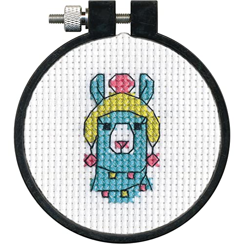 DIMENSIONS Colorful Llama Counted Cross Stitch Kit for Beginners, 11 Ct. White Aida Cloth, Finished Project 3" Diameter, Multicolor 5 Piece