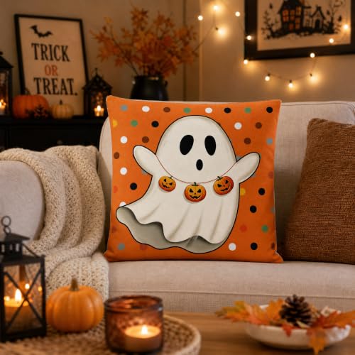 Cute Ghost with Pumpkin Linen Pillow Cover 18x18 Yellow Background - color: Pa10064, size: 18" x 18" (Pack of 1)