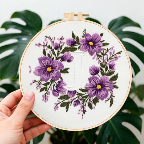 Zerzsy 7.87 '' Embroidery Kits Plant Flower Leaf English Letter Patterns for Beginners Adults, Easy to Learn Cross Stitch Kit for Home Office Decor - color: Letter J