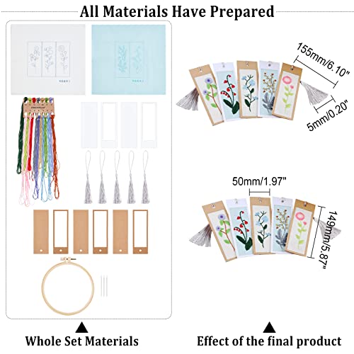 AHANDMAKER Embroidery Bookmark Set, Floral Plant Stamped Embroidery Bookmark for Adults Counted Cross Stitch Kit with Needle Tassel Cards Embroidery Hoop Instructions