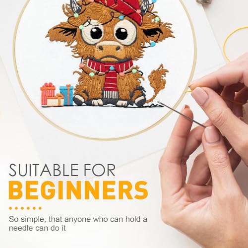 Christmas Highland Cow Embroidery Kit for Beginners Adults Easy Embroidery Starter Kit Highland Cow Christmas Hat Cross Stitch Kits Embroiderys Hoop Needlepoint Kits with Instruction Needles Thread - color: Christmas Highland Cow