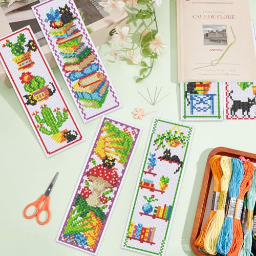 INFUNLY 6pcs DIY Cross Stitch Bookmark Kit Plant Stamped Embroidery Bookmark Kits Instruction Included 8.7x3.1 Black Cat Easy Cross Stitch Kits for Adults Beginners Book Needlepoint Bookmark Kit - style: Plant Book
