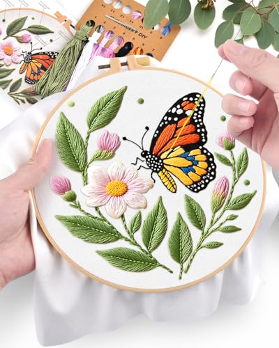 ERKOON Embroidery Kit for Beginners Adult, Flower Cross Stitch Set Include Embroidery Cloth Hoops Threads for Craft Lover Hand Stitch with Embroidery Skill Techniques (Butterfly) - color: Butterfly