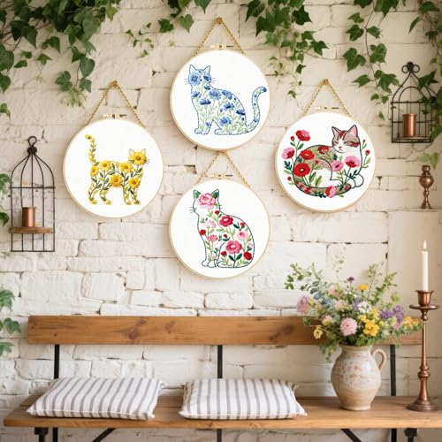 FREEBLOSS 5 Sets Embroidery Kit for Beginners Needlepoint Flower Cat Stamped Embroidery Starter Kit with Instructions, Needles, Threads, 2 Hoops 11.6"/29.5CM