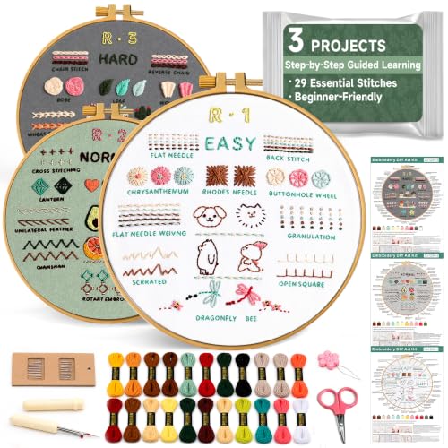 Bofoho 3 Pack Starter Embroidery Kit for Beginners with Simple Patterns - color: 3 Pack