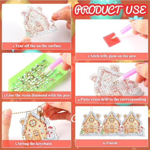 Tondiamo 20 Pcs Diamond Art Christmas Ornaments Diamond Painting Keychain - style: Gingerbread House