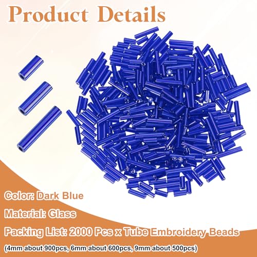MECCANIXITY 2000pcs Glass Bugle Beads 4/6/9mm Long Tube Cylinder Beads - color: Dark Blue