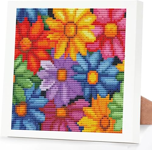 Colorful Daisies Stamped Cross Stitch Kits for Adults Beginners with Frame - color: Flowers Cross Stitch with Frame