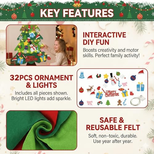 Felt Christmas Tree 32Pcs Set, DIY Wall Hanging Decoration for Kids