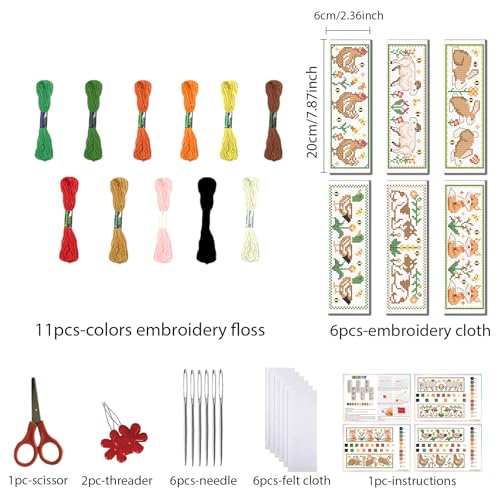 FREEBLOSS 6 Set Cross Stitch Bookmark Kits Farm Animal Stamped Cross Stitch Kit DIY Embroidery Bookmarks Kit for Beginners with Instructions 6x20cm/8x2.4inch - style: Farm Animals