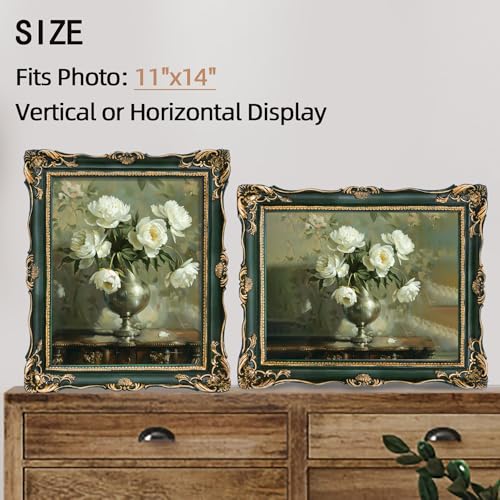 Saysmile Vintage 11x14 Picture Frame Green, Textured Antique Picture Frames with Embossed Flower Design, Ornate Frame for 11x14 Photo, Resin Antique Frames Tabletop & Wall Hanging, Home Decor - color: Green, size: 11x14