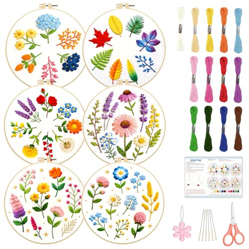 BEUNITONE 6 Pack Beginner Embroidery Kit for Adults, Simple Floral Plants Pre-Stamped Pattern Starter Needlepoint Kits with Hoops & Instruction, Hand Embroidery Kits for Fabric and Home Decor 7.9x7.9 - style: Simple Flowers