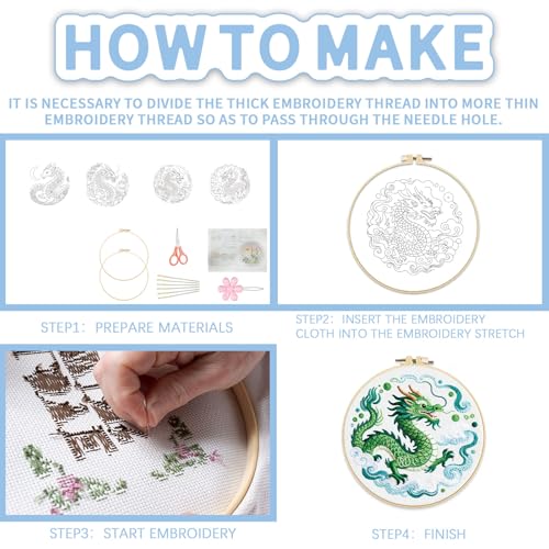 FREEBLOSS 4 Sets Embroidery Kit for Beginners Needlepoint Dragon&Cloud Stamped Embroidery Starter Kit with Instructions, Needles, Threads, 2 Hoops 11.6"/29.5CM - style: Traditional Dragon