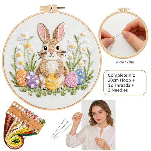 BoAn Rabbit Embroidery Kit for Beginners, DIY Cross Stitch Kit with Hoop - color: rabbit-1