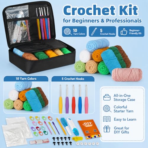 iptek Crochet Kit for Beginners Adults，Crochet Yarn for Beginners, 10colors Total Crochet Yarn Kits with Easy-to -See Stitches，Includes Basic Stitch Guide and extensive amigurumi Video tutorials. - color: black