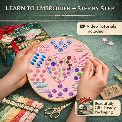 Embroidery Kit for Beginners Adults, 4 Pre-Printed Cloths, 41 Stitches - color: Beginners - Floral & Mushroom