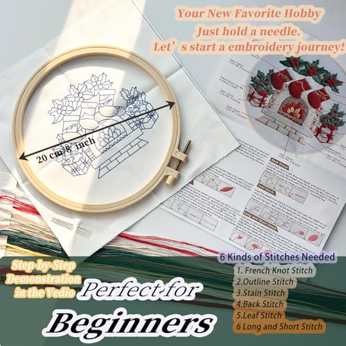 FONNUY Crewel Christmas Embroidery Kit for Beginners, Cross Stitch Set Winter Snow Scene Pine Owl Pattern for Adults, Easy to Follow Color Thread Needlework, 8'' Hoop (Fireplace) - style: Fireplace