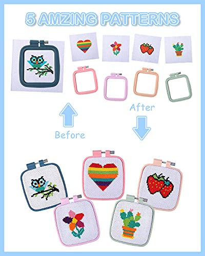Pllieay 5PCS Cross Stitch Kits for Beginners for Kids 7-13, with Pattern - size: Square Embroidery Hoops