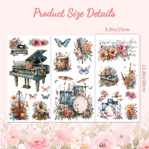 Peacoblue Music & Flowers Rub On Transfers for Furniture 6"x12" - style: Musical Instruments and Flowers