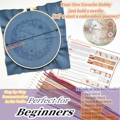 FONNUY Embroidery Kit for Beginners, Cute Hedgehog Stamped Embroidery Patterns Kits for Adults with Hoop, Easy to Follow Sewing Thread Needlework, 8'' Hoop (Resilient) - color: Resilient