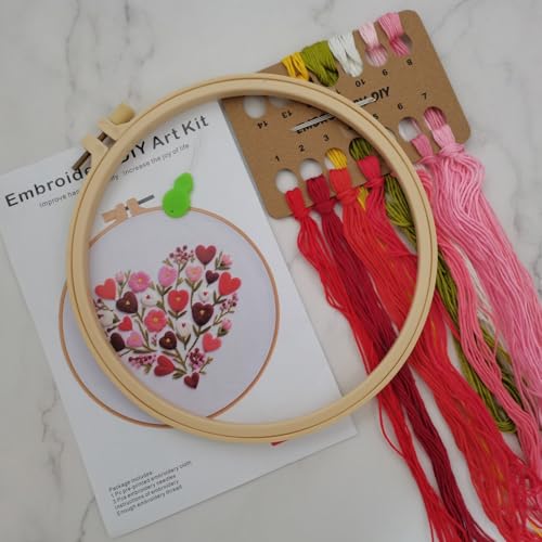 Esffaci Embroidery Starter Kit for Adult Beginner with Love Heart Flowers Pattern Hand Embroidery Set with Cloth Hoop Needle Threader Floss and Instruction - color: Heart