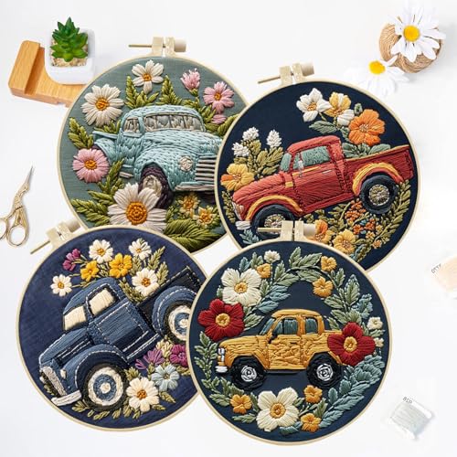 LB 4-Pack Colorful Truck Flower Embroidery Kit for Beginners: Cross Stitch Kit with Green Floral | Adults DIY Starter Kit Includes Embroidery Hoop, Colorful Threads, Tools and Instructions - color: Blue Red