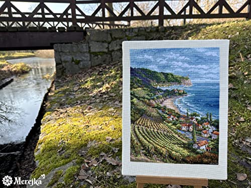 Merejka Counted Cross Stitch Kit for Adults — Coastline View (K-226) — Zweigart 16-Count Ecru Aida, DMC Mouliné Threads, John James Needle — 40 Colors — 33.5x25 cm (13.2x9.8 inches)