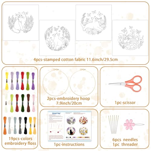 BEUNITONE 4 Set Embroidery Kit for Beginners, Cat and Butterfly Pre-Stamped Pattern Needlepoint Kits for Adults with Hoop and Instruction, Cute Hand Embroidery Patterns for Cloth and Home Decor - style: A-Cat-01