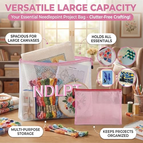 Sabary 2 Pcs Needlepoint Project Bag Clear Mesh Zipper Organizer, Pink - color: Pink