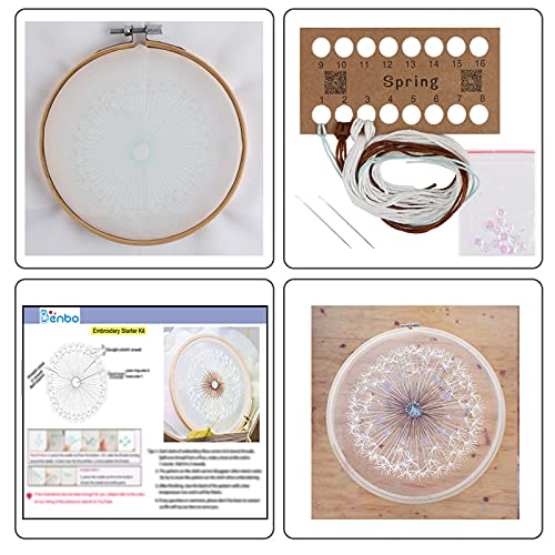 BENBO Embroidery Kits for Beginners with Pattern, Dandelion Hand Embroidery Cross Stitch Needlepoint Crafts with Color Pattern Cloth, 15cm Bamboo Embroidery Hoop, Color Threads and Tools Kit
