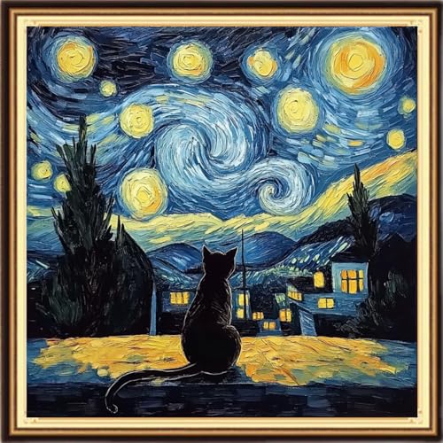Dimensean Stamped Cross Stitch Kits Full Range of Embroidery Patterns Starter Kits for Beginners Adult DIY Cross Stitches Needlepoint Kits 11CT-Van Gogh Starry Cat 18x18 inch - color: Arts kits 25