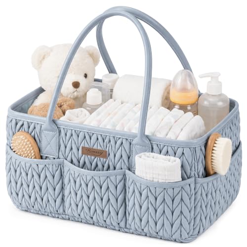 Konssy Baby Diaper Caddy Organizer, Braided Quilted Design with PU Handles - color: Baby Denim