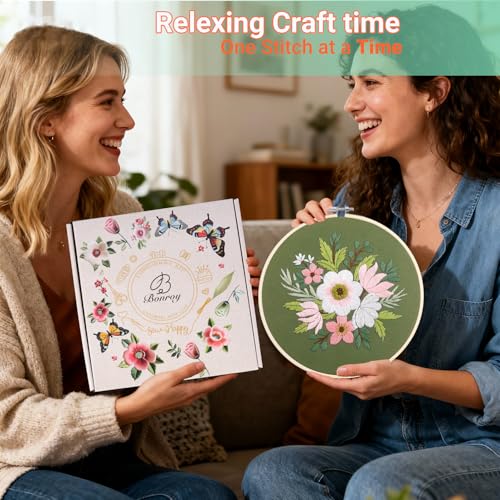 Bonroy 4 Sets Embroidery Set for Beginners, Art Craft, Easy Sewing Embroidery Kit Includes Embroidered Clothes with Patterns, Embroidery Hoops, Instruction Manual, Color Stitch Set (3) - color: Sunflower