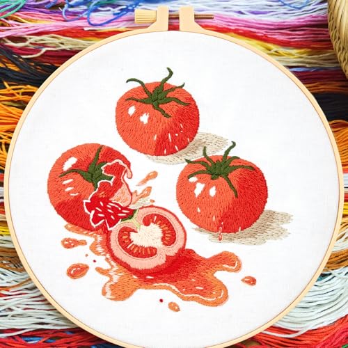 Tomato Embroidery Kits for Beginners Adults, Hand Embroidery Starter Kit, Cross Stitch Kits for Beginners DIY Craft Kits for Adults Women, Entire Set of Embroidery Supplies【Full-length Video Tutorial】 - color: H2059, size: 8Inch