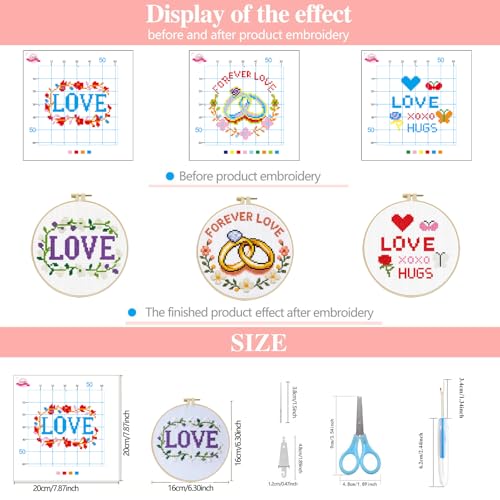 Zhenqing 3 Valentine's Day Cross Stitch Kit Set for Beginners, 11CT Printed 20x20cm with 16cm Hoop, Love Word & Ring & Rose Romantic Embroidery(70858) - color: Romance Theme Cross-Stitch 3-Piece Set