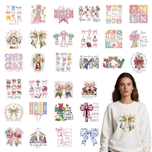 Rngmsi Dtf Transfers Ready to Press - 30 Pcs Bow Bible Verse Iron on Patches for T-Shirts, Christian Jesus Religious Cross Iron on Stickers Heat Transfer Vinyl Decals for DIY Fabric Clothes Decor - style: Bow Bible Verse