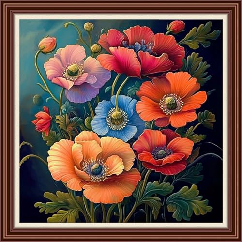 Dimxvean Counted Cross Stitch Kits for Adults,11CT Unprinted Cross-Stitch Pattern Embroidery Kit Cross Stitching Kit Supplies Needleworks Set- Poppy Flowers 18x18 inchs - color: SetColor18