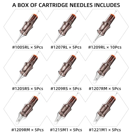 50 Assorted Tattoo Cartridge Needles Mixed Size 5 Pcs each of #10 1005RL, #12 Round Liner Shader Curved Magnum 7RL 5RS 9RS 7RM 9RM 15M1 21M1, 10 Pcs 1209RL Pro Disposable Membrane Tattoo Needles - size: 50Pcs-#10 5RL-#12 7/9RL-5/9RS-7/9RM-15/21M1