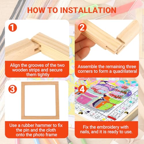 HAPPYER Needlepoint Stretcher Bars Set, 12 PCS Wooden Canvas Stretcher Bars Kit with Tacks, Hammer & Scissors, Needlework Embroidery Stitch Frame Supplies for Canvas Framing Crafts - color: Wood Grain