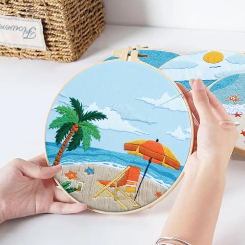 4 Set Ocean Embroidery Kit for Beginners Adults Embroidery Starter Kit Ocean Beach Pattern Spring Summer Hand Crewel Embroidery Kit Cross Stitch Kit Include Instruction 2 Hoops Color Threads Needles - color: Ocean