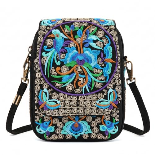 Embroidery Flowers Canvas Crossbody Bag, Women Messenger Bag, Cellphone Pouch Purse - color: Blue