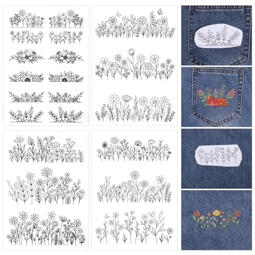 4 Sheets Water Soluble Stabilizer Embroidery Patterns Stick and Stitch Embroidery Flower Paper Floral Daisy Designs Wash Away Stabilizer Printable Draw Patterns for Hand Sewing Lover Beginners - style: A